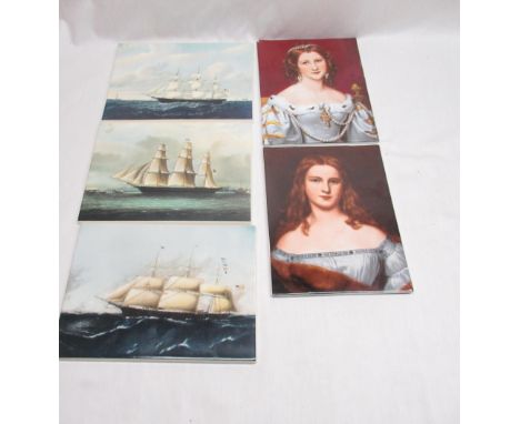 Three Wedgwood ceramic plaques of American ships, two KPM ceramic plaques of ladies 