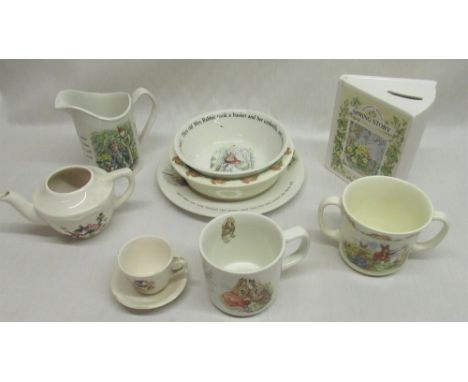 Royal Doulton Spring Savings Book, Wedgwood and Bunnykins Beatrix Potter plates and cups, Noddy Teapot, cup and saucer 