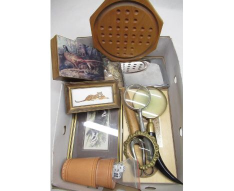 Late C20th beech solitaire board complete with marbles, chrome plated playing card case, similar card case decorated with phe