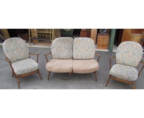 Pair of dark Ercol open frame armchairs with upholstered cushions and stick back, two seater Ercol settee with open frame uph