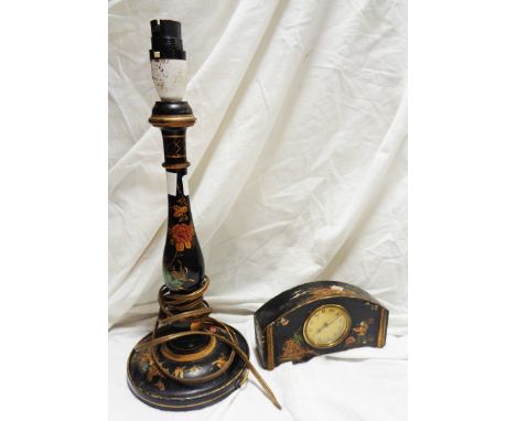 A turned wood table lamp with black lacquer and gilt chinoiserie decoration - sold with a similarly decorated small mantel cl