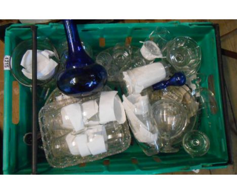 Two crates containing a quantity of glassware including Bristol blue decanter, drinking glasses, etc.