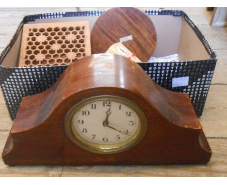 A small box containing a quantity of collectable items including an Edwardian mahogany cased mantel clock, etc.