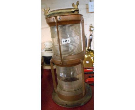 A large vintage Seahorse brand copper and brass ship's Anchor lamp, with two large lenses and lift-top