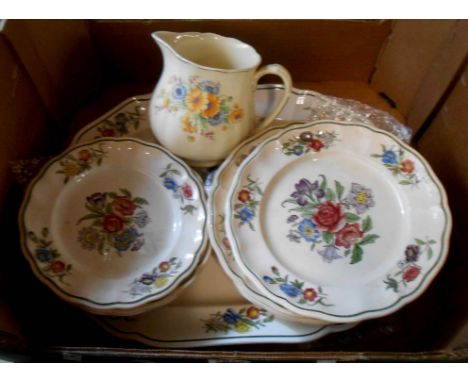 A box containing a quantity of ceramics including Copeland Spode plates decorated in the Spring Time pattern, etc.
