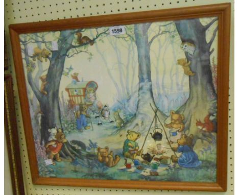 Molly Brett: a vintage framed coloured nursery print, depicting a Teddy bears' camp site