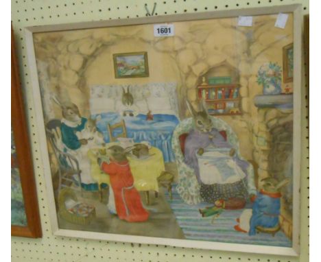 Margaret Ross: a framed vintage coloured nursery print, depicting a rabbit family in an interior entitled 'Bedtime'