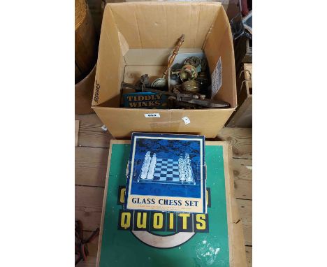 A box containing a quantity of vintage games and other collectable items including glassware, etc.