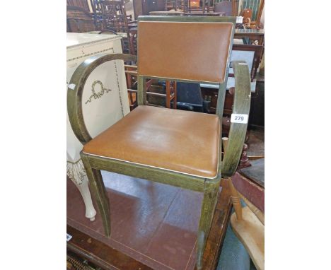 A vintage stained wood framed elbow chair with vinyl upholstered seat - sold with an Edwardian bedroom chair