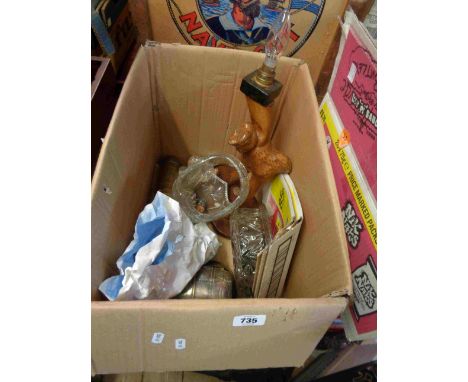 A box containing a quantity of assorted collectable items including wooden figural lamp, Turkish brass coffee grinder, etc.