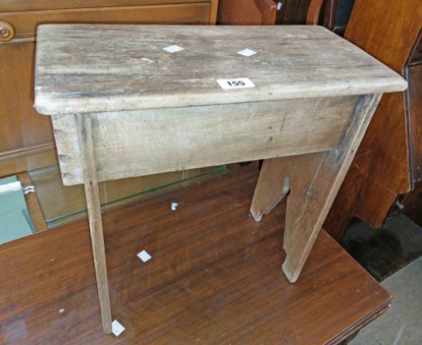 A vintage pine rustic stool - sold with a stained wood ladder back standard chair with seagrass seat