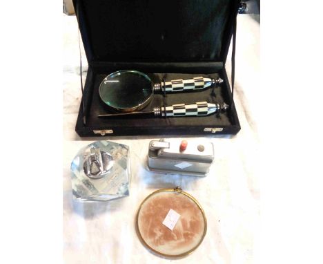 A small quantity of collectable items including a George Moorland print on milk glass, vintage table lighter with four inset 