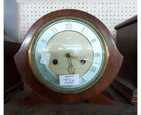 A retro walnut cased mantel clock with Smiths eight day gong striking movement