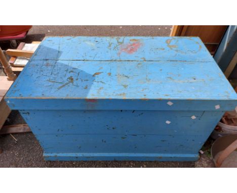 A large blue painted wooden trunk - sold with a small display case for restoration