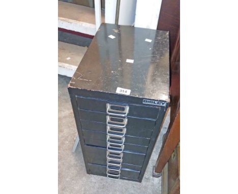 A vintage Bisley black metal ten drawer narrow filing chest