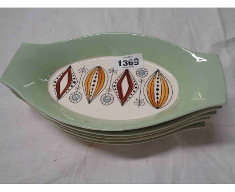 Five vintage Egersund Norway dishes, decorated with stylised flowerheads and seeds