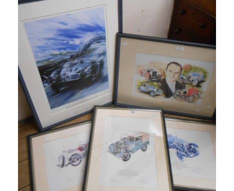 Three matching framed vintage car coloured prints - sold with an MG 'Early Years' montage print and an abstract MG racing car