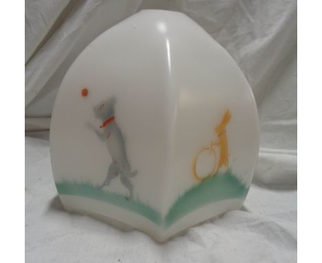 A 1930's hexagonal milk glass lamp shade with printed Pip, Squeak and Wilfred decoration