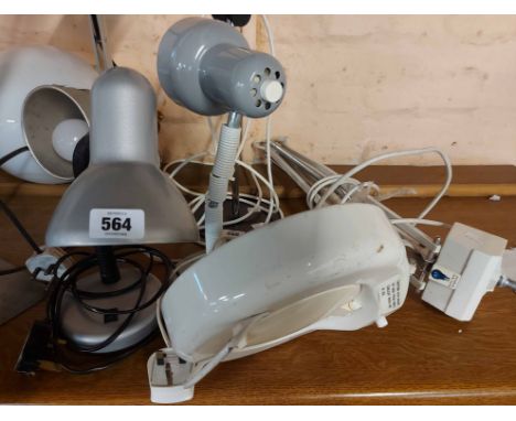 Two modern articulating table lamps - sold with a metal magnifying anglepoise desk lamp
