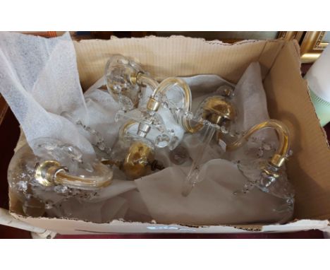 A Victorian cast brass seven branch candelabra with milk glass and brass flowerhead branches, enamel decoration and applied c