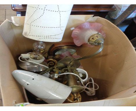 A box containing a quantity of lamps including three branch cast brass electrolier with cranberry shades (a/f), vintage clip-