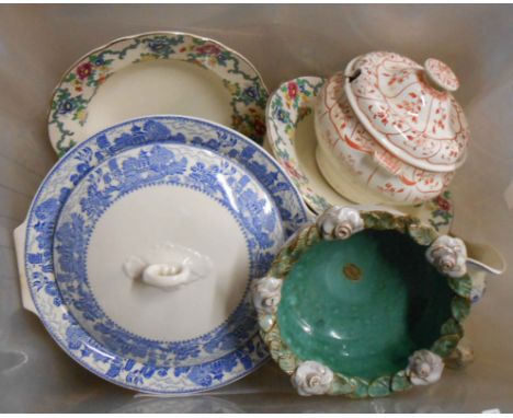 A crate containing a quantity of ceramics including an Ark ceramic bowl, etc.