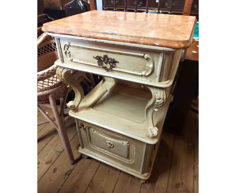 A 52cm vintage French style painted bedside cabinet with marble top, single frieze drawer and cupboard door under, set on scr