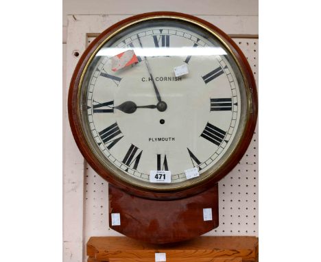 A vintage mahogany cased drop dial wall timepiece with dial marked for C.H. Cornish, Plymouth and eight day single fusee move