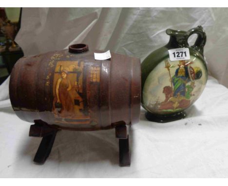 A Royal Doulton Series Ware spirit barrel with integral stand, decorated with moulded and painted 'Inn' scenes - a/f to base,
