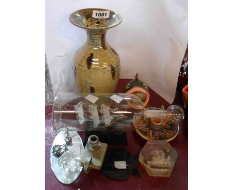 A quantity of ceramics including Hartland pottery Studio Pottery vase, modern blown glass ship in bottle, vintage Lucite pape
