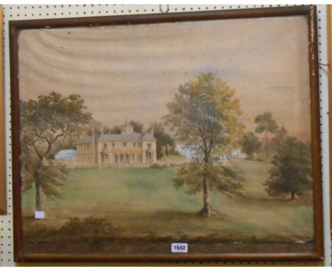 A framed vintage watercolour, depicting a country house and grounds - 54.5cm X 70cm