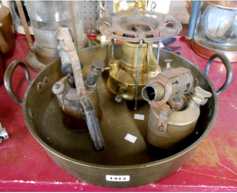 A large old brass preserve pan with cast brass handles - sold with a vintage Primus stove and two blowtorches