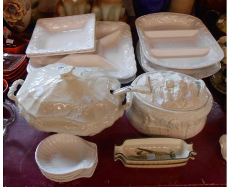 A 20th Century Davenport soup tureen with moulded leaf decoration with an Adams pottery ladle - sold with a Portmeirion potte