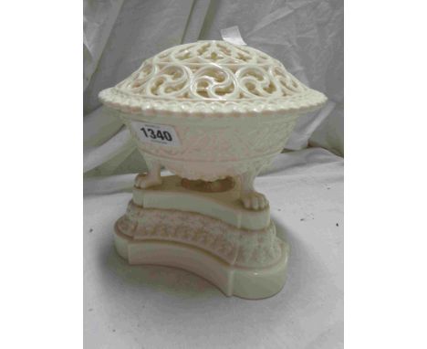 A large 19th Century Grangers Worcester porcelain pot pourri bowl with trefoil base, the bowl raised on lion paw feet with li
