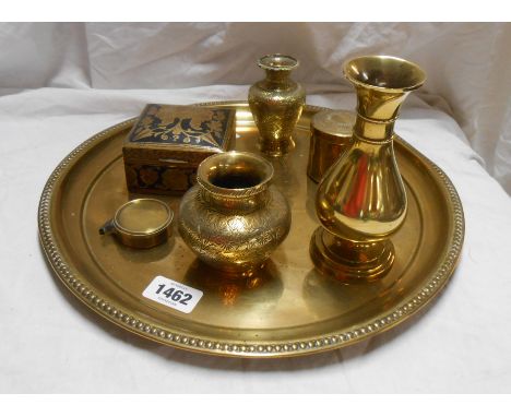 A small quantity of brassware including Stanley marked modern brass compass, Indian chased vases, etc.