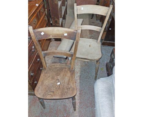 Two similar antique kitchen chairs with moulded solid elm seats, set on ring turned supports