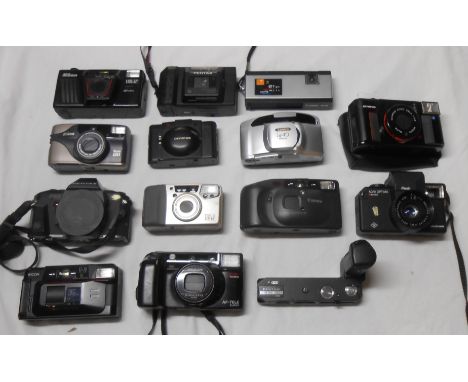 A box containing fourteen vintage cameras including Nikon, Pentax, etc.
