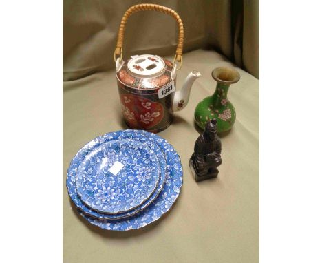 A Chinese cloisonné vase, ceramic teapot, plates and seal figure