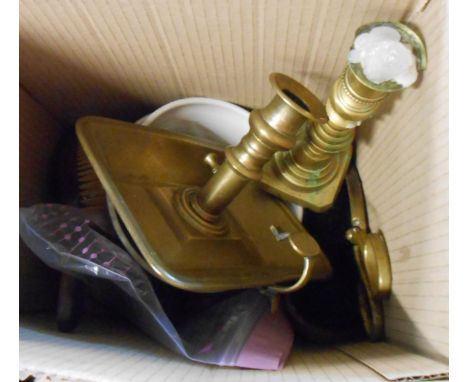 A box containing a quantity of brassware including chamberstick etc. - sold with vintage pottery items and a quantity of Vint