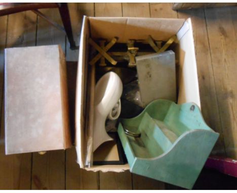 A box containing a quantity of metalware and collectable items including scales, vintage medical equipment, etc.