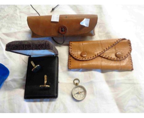 A bag containing a small quantity of collectable items including pocket compass, cased cufflinks, leather pouch, etc.