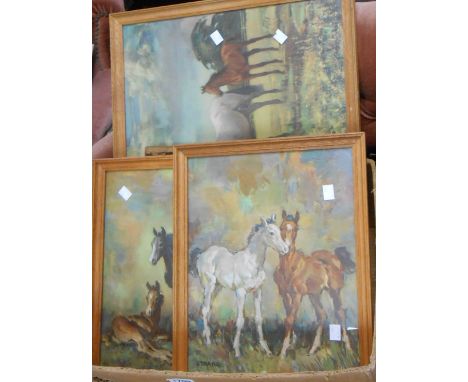 A box containing a selection of framed vintage coloured prints including horse studies, etc.