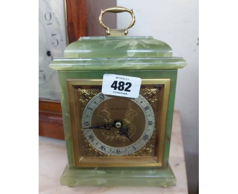 A vintage green onyx cased bracket style timepiece retailed Bowden &amp; Sons, with decorative dial and Elliott eight day mov