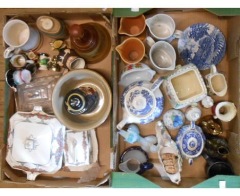 Two boxes of ceramics and glassware including Goebel 'monk' jugs, etc.
