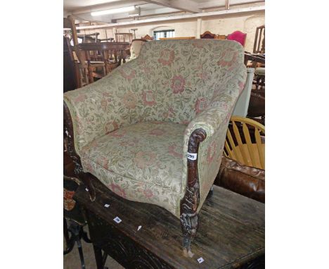 A late Victorian carved mahogany part show frame tub elbow chair with tapestry upholstery - feet a/f