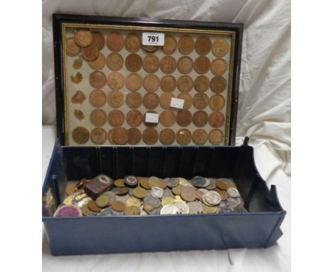 A framed display of various aged copper Pennies - sold with a plastic tub containing a quantity of coins, lady's safety razor