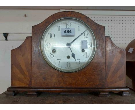 An Art Deco walnut cased mantel clock with flanking sunray decoration and Haller eight day chiming movement - no pendulum