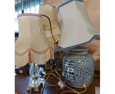 A large Chinese blue and white ginger jar lamp base - sold with a cut glass lamp and one other