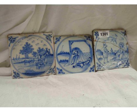Three 18th Century English delftware tiles, depicting Biblical, allegorical and landscape scenes - one a/f - removed by the v
