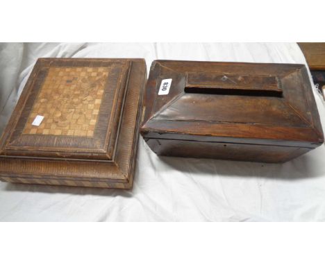 An antique straw work box with floral decoration - sold with a 19th Century mixed wood tea caddy with three fitted compartmen